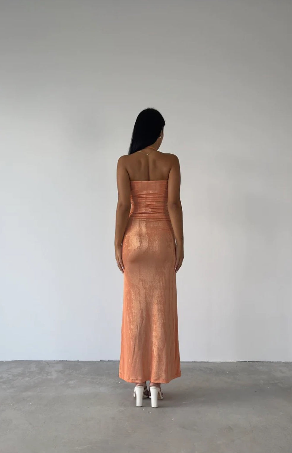 Metallic Ruched Gown (Peach)
